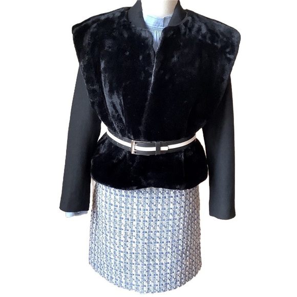 Vintage Jackets & Blazers - VINTAGE Black Faux Fur Cropped Vest Collarless Open Front Plush Waistcoat XL
